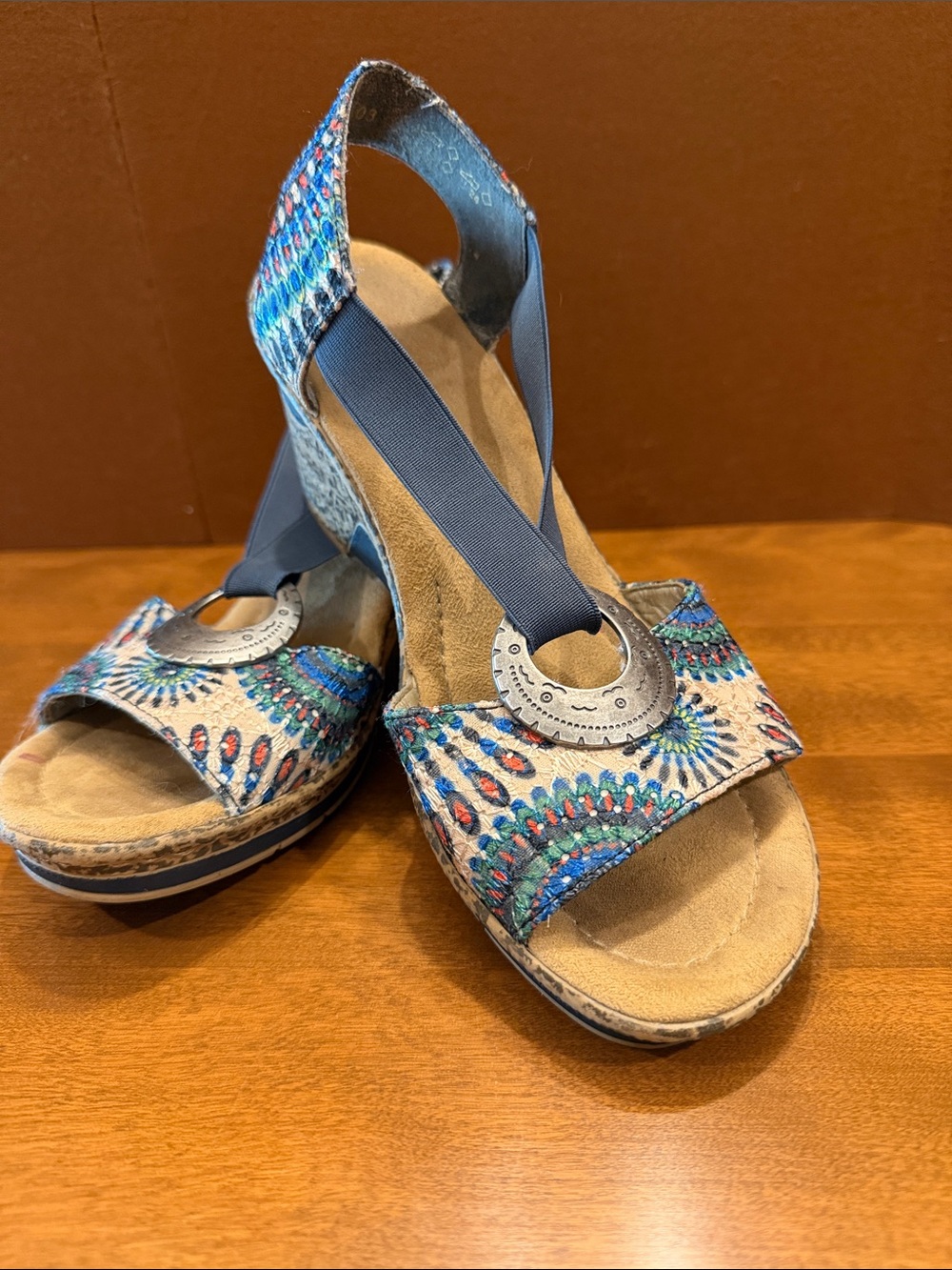 Rieker Multicolor Patterned Wedge Sandals with Blue Straps